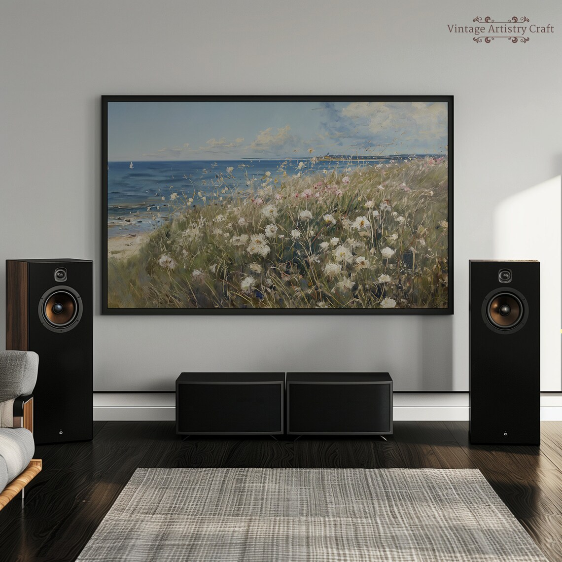 Summer Coastal Wildflower Meadow Ocean Sailboat Vintage Painting Poster - Image 3