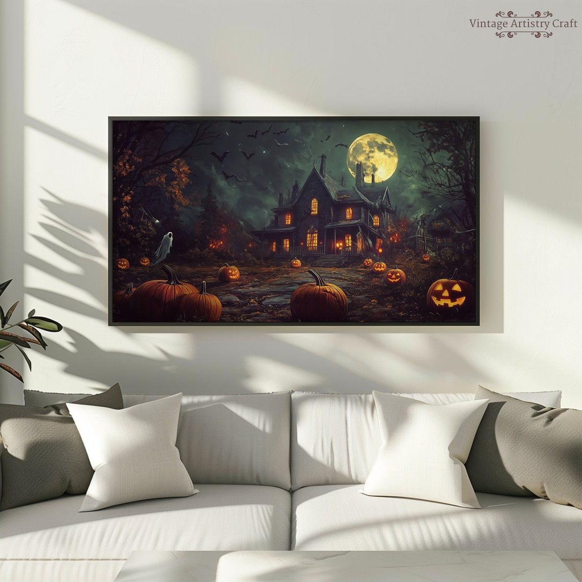 Spooky Haunted House Night Pumpkins Bats Full Moon Halloween Poster - Image 2