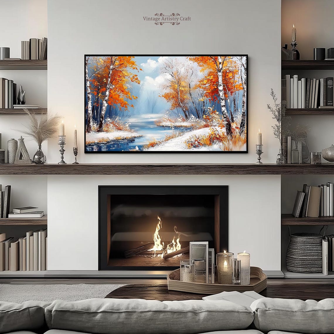 Snowy Birch Forest River Autumn Snow Impressionist Art Poster - Image 3