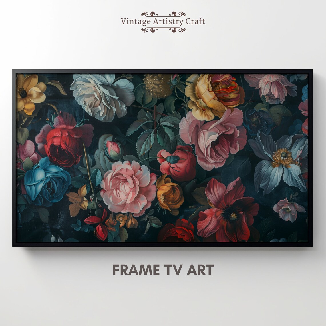 Moody Dark Floral Roses Peonies Vintage Botanical Painting Poster