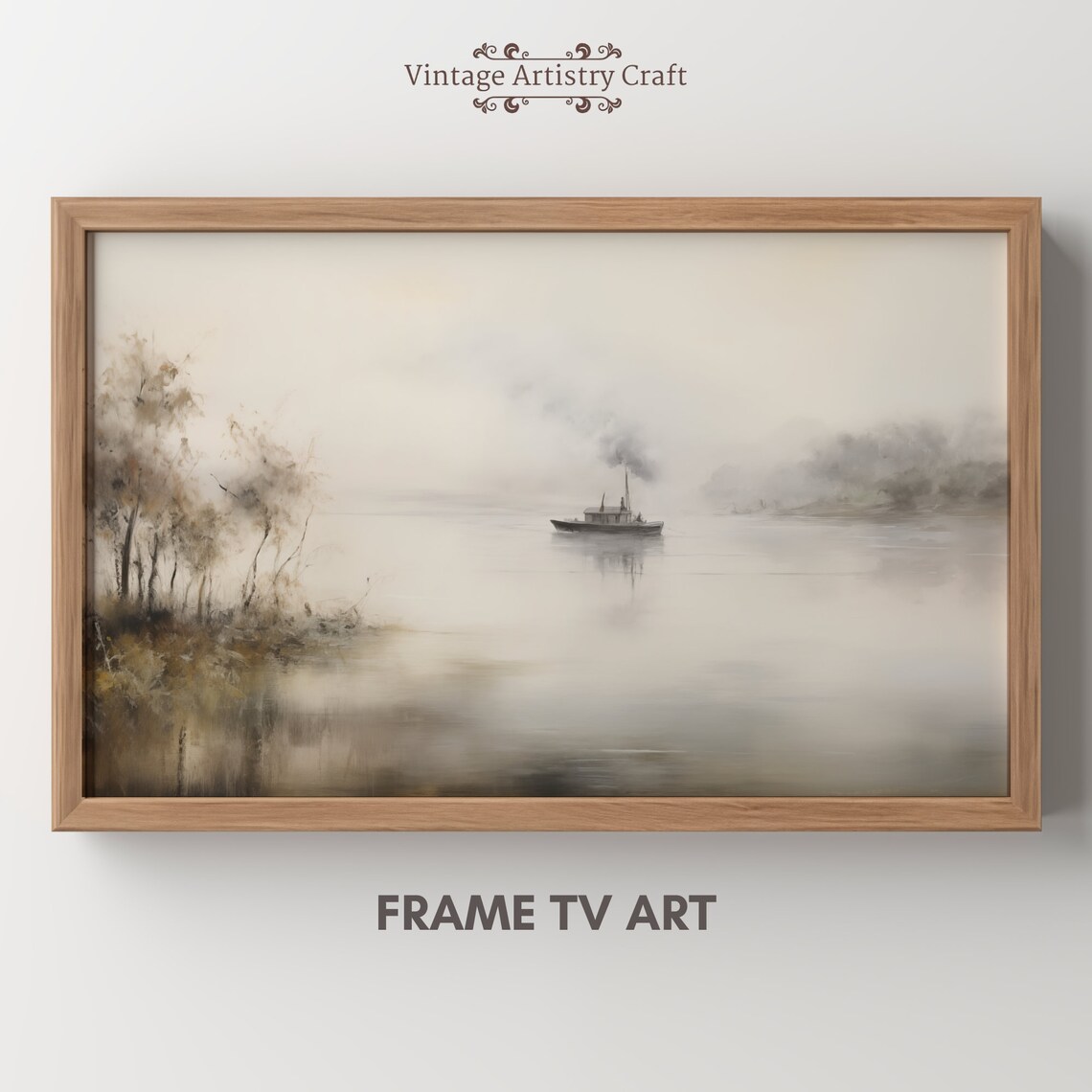Lone Steamboat on Misty River Soft Neutral Vintage Landscape Poster - Image 8