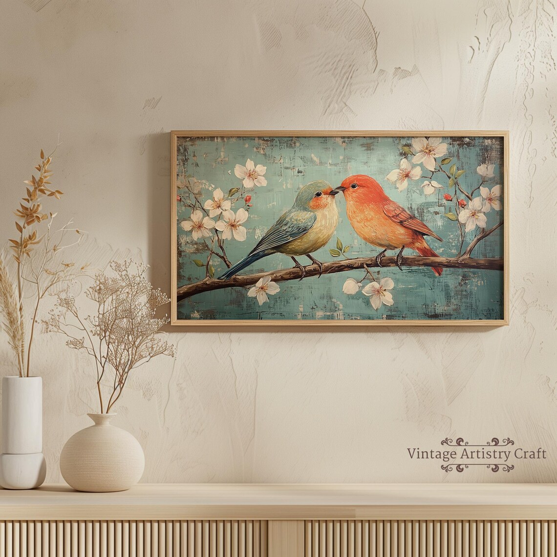 Love Birds Blossom Branch Vintage Teal Spring Romance Painting Poster - Image 5