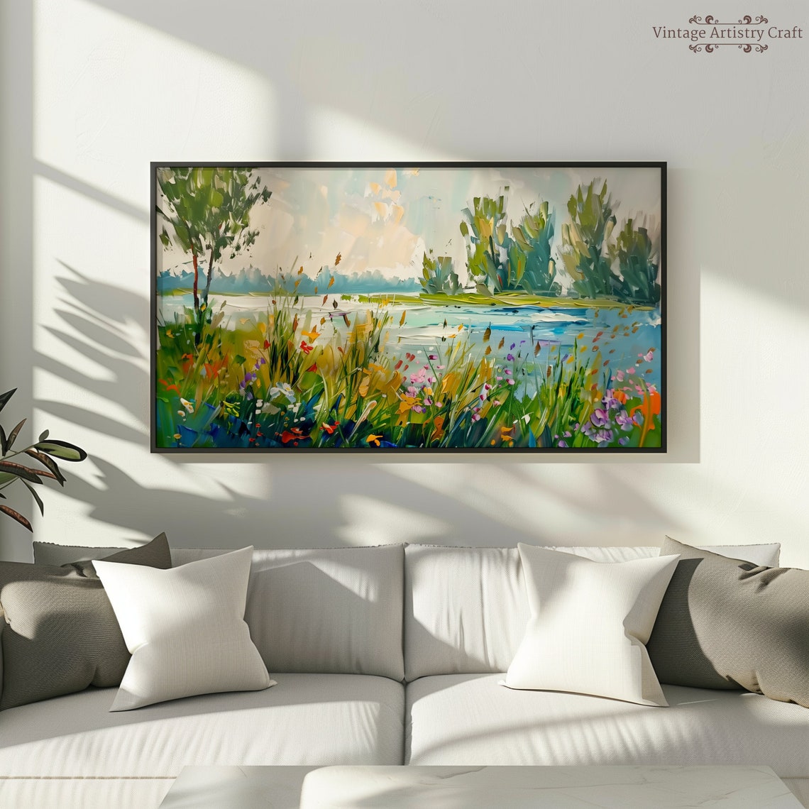 Grassland Wildflowers Frame Tv Art Spring Field Of Flowers Floral Lake Tv Art Spring Decor Oil Painting Countryside Tv Art - Image 2