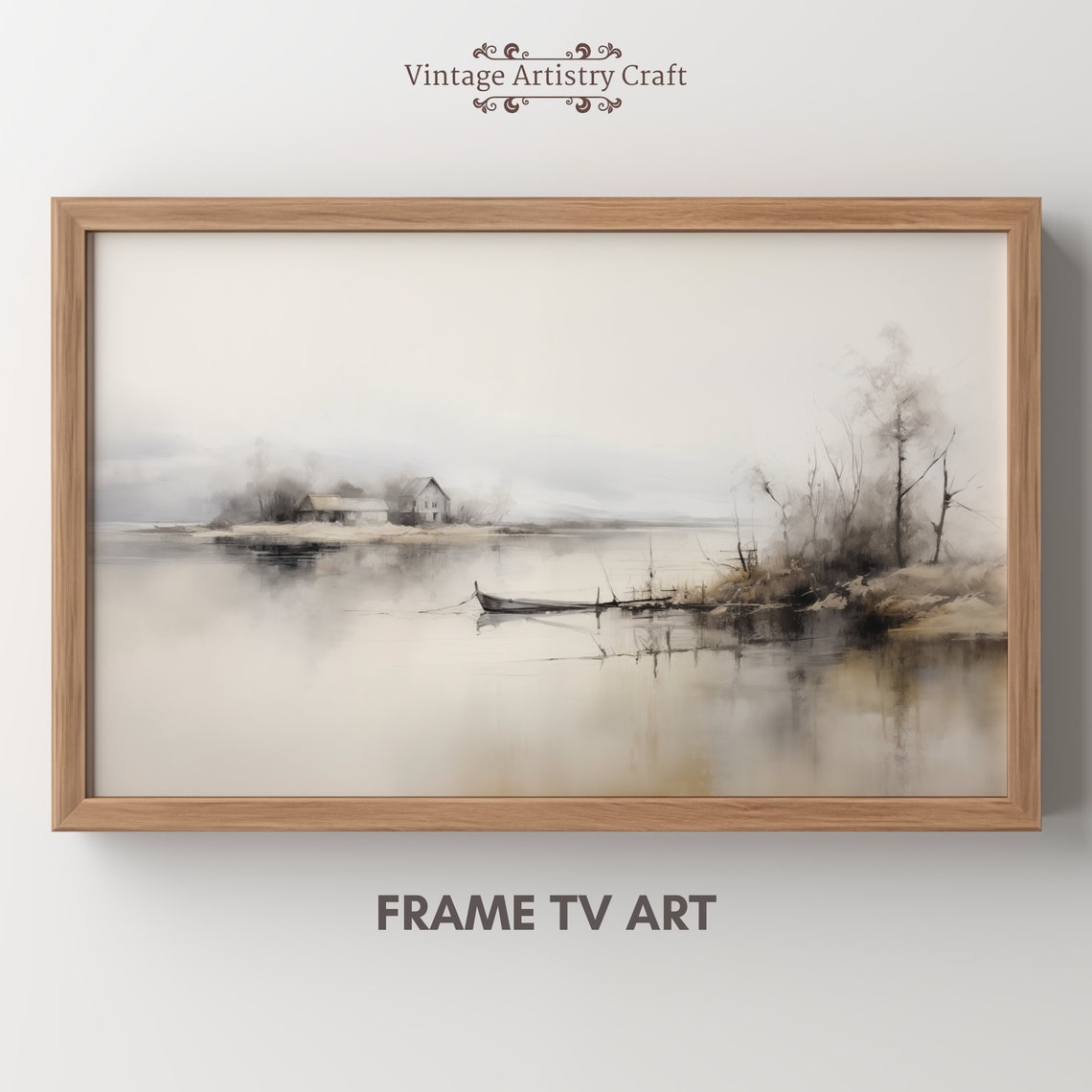 Muted Tonal Misty Lake Cabin Boat Neutral Watercolor Painting Poster