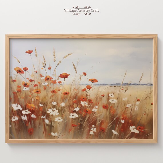 Red Poppies Wildflower Meadow Golden Field Vintage Oil Poster