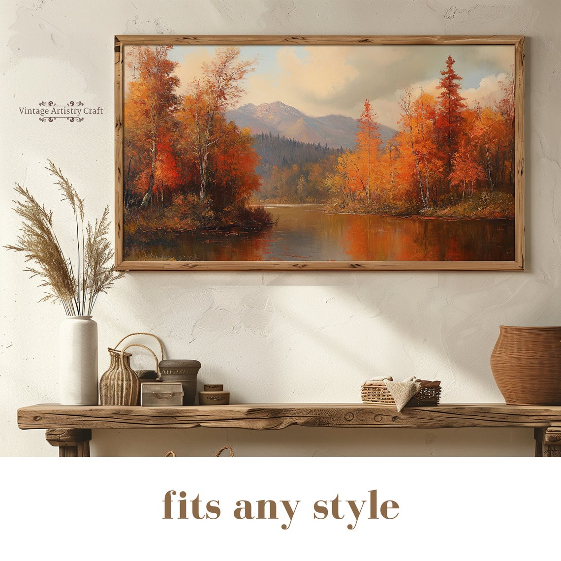 Autumn Lake Mountain Reflection Fall Foliage Landscape Painting Poster - Image 8