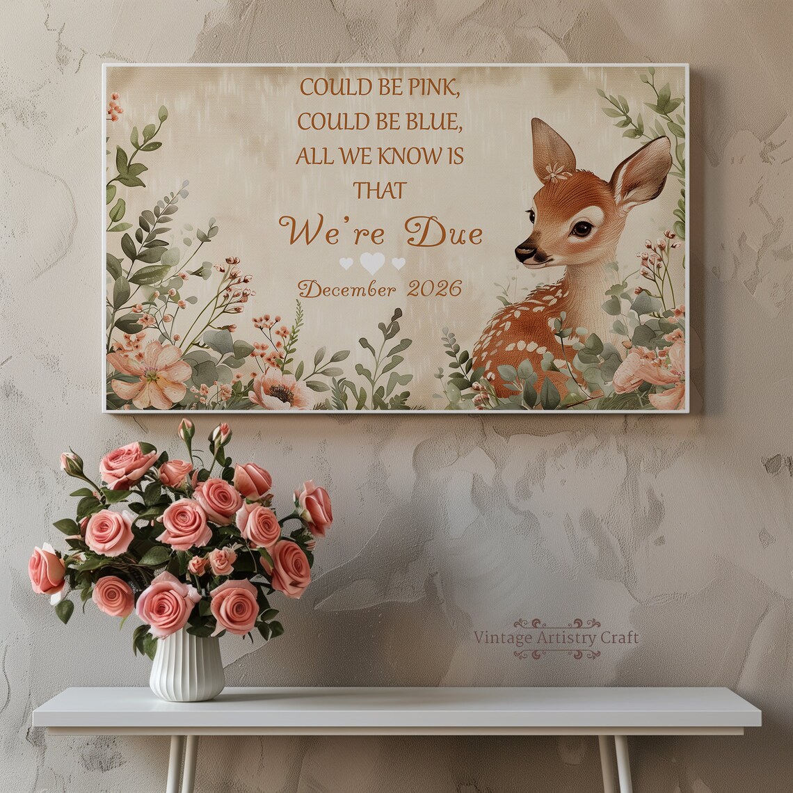 Were Due Woodland Fawn Pregnancy Announcement Floral Art Poster - Image 7