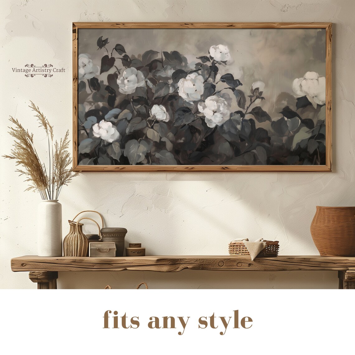Vintage White Flowers Oil Painting Art Print - Image 2