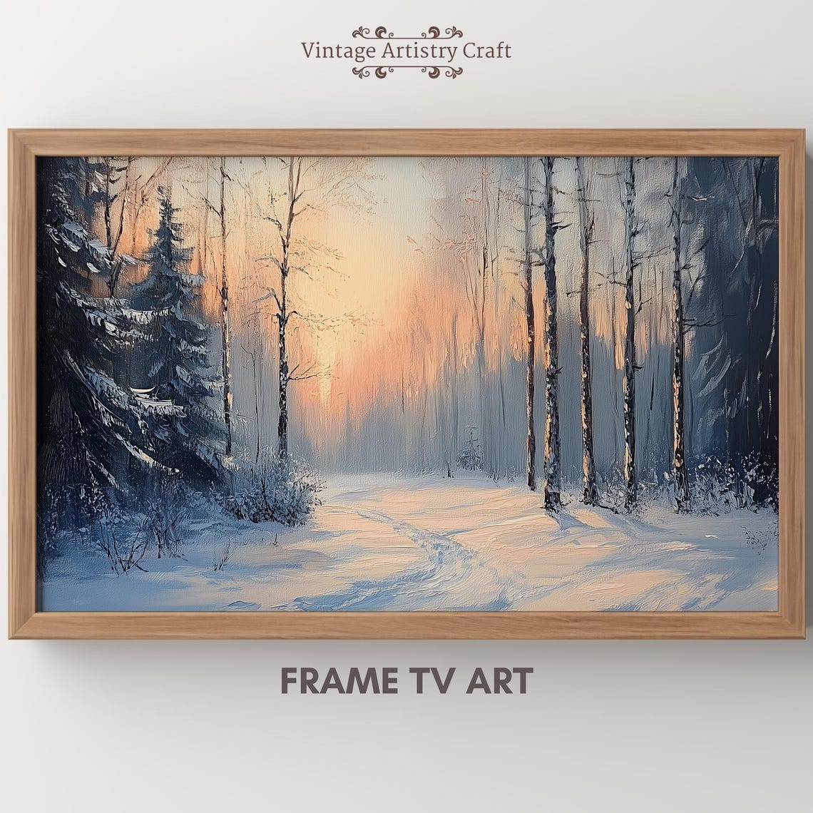 Winter Forest Path Sunset Snowy Pines Romantic Evening Painting Poster