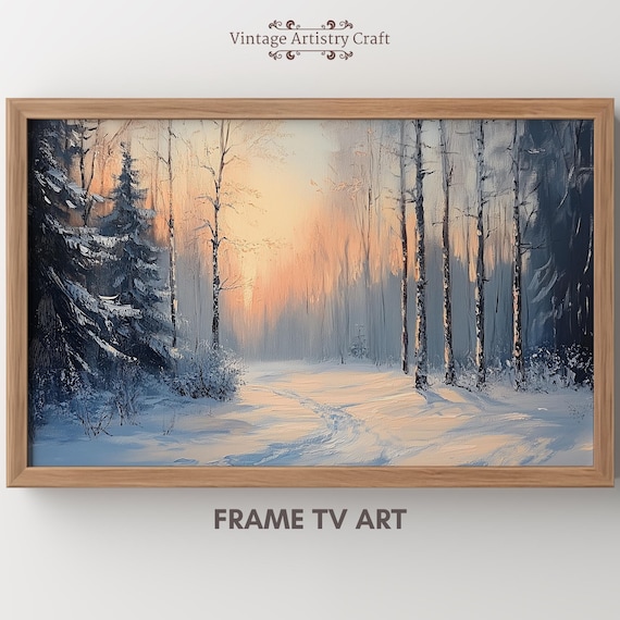 Winter Forest Path Sunset Snowy Pines Romantic Evening Painting Poster