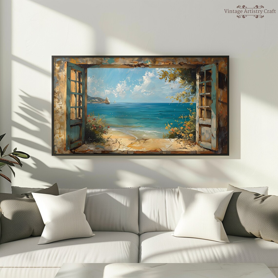 Open Doors to the Sea Vintage Coastal Window Seascape Oil Poster - Image 8