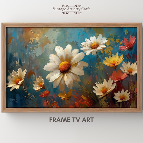 Abstract Frame Tv Art Daisies Flower Oil Painting Aesthetic Farmhouse Decor Van Gogh Style Vintage Instant