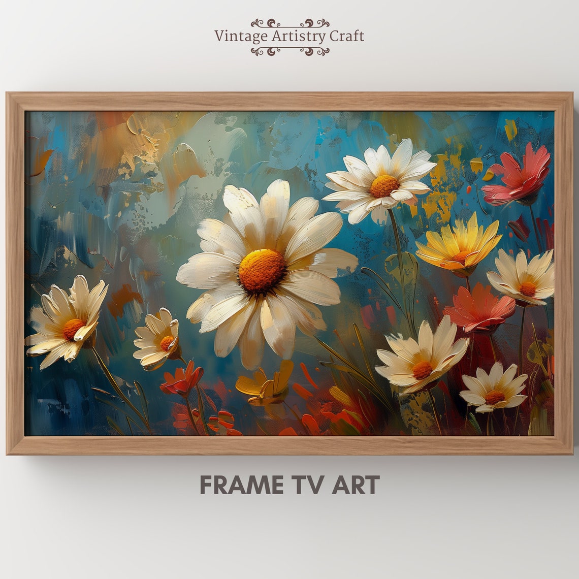 White Daisies Blue Abstract Background Vintage Floral Oil Poster