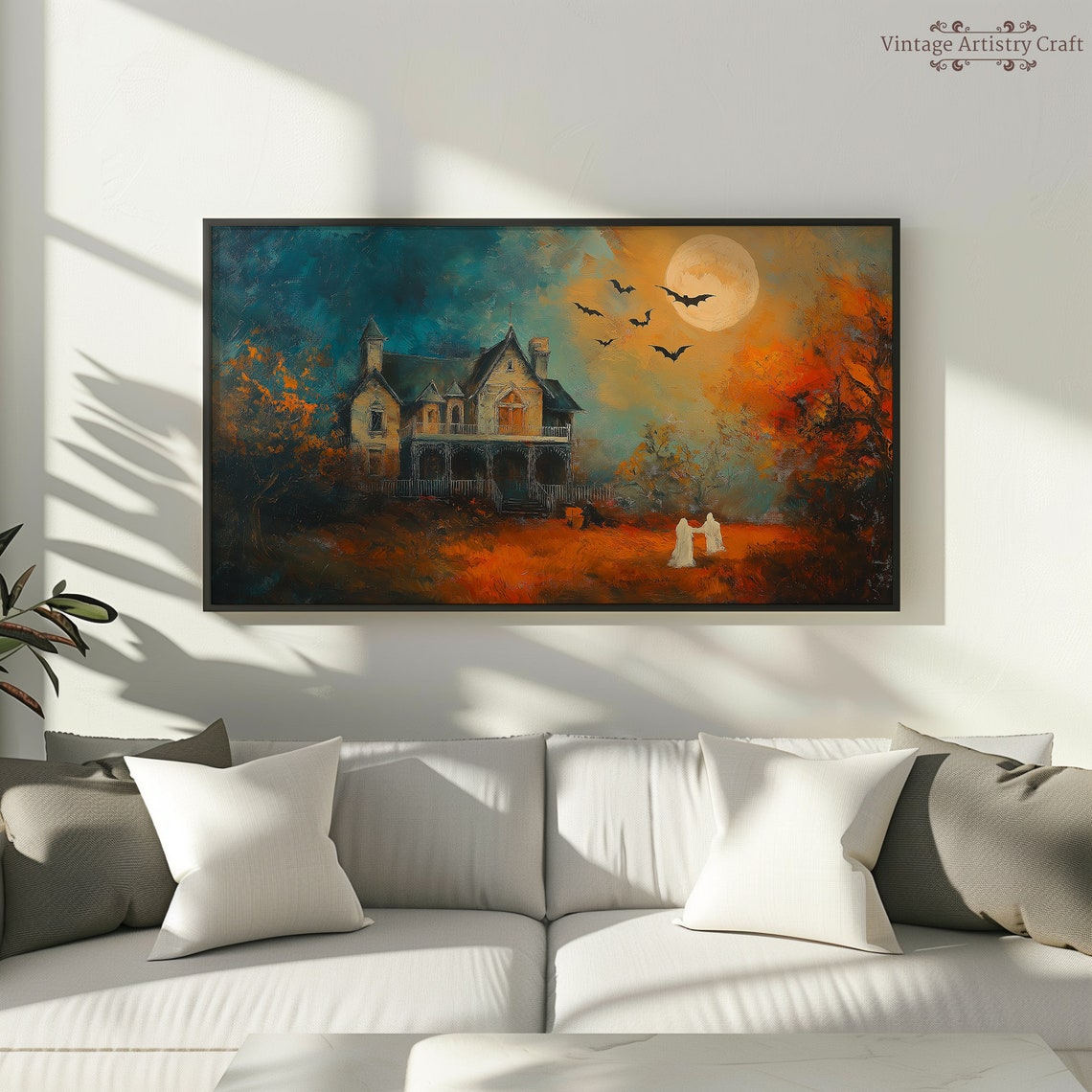 Victorian House Ghosts Bats Full Moon Orange Teal Halloween Poster - Image 2