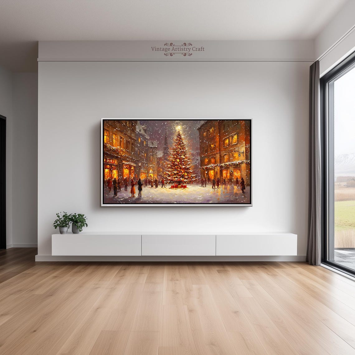 Snowy Christmas Town Square Tree Night Lights Festive Winter Poster - Image 2