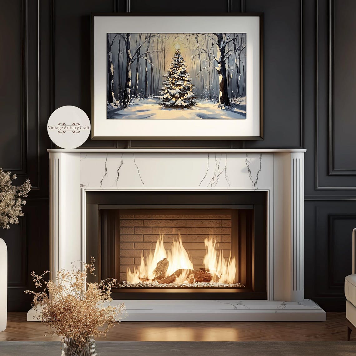 Lit Christmas Tree Snowy Forest Dusk Sparkling Holiday Painting Poster - Image 5