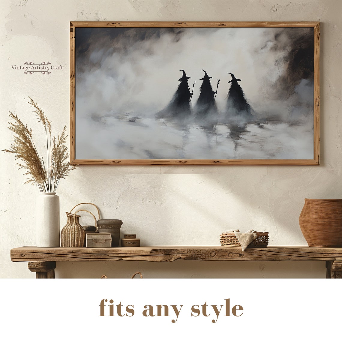 Three Witch Silhouettes Foggy Halloween Spooky Night Art Poster - Image 8