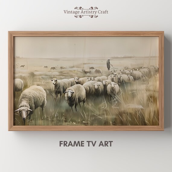 Sheep Flock In Misty Field Pastoral Vintage Painting Art Poster