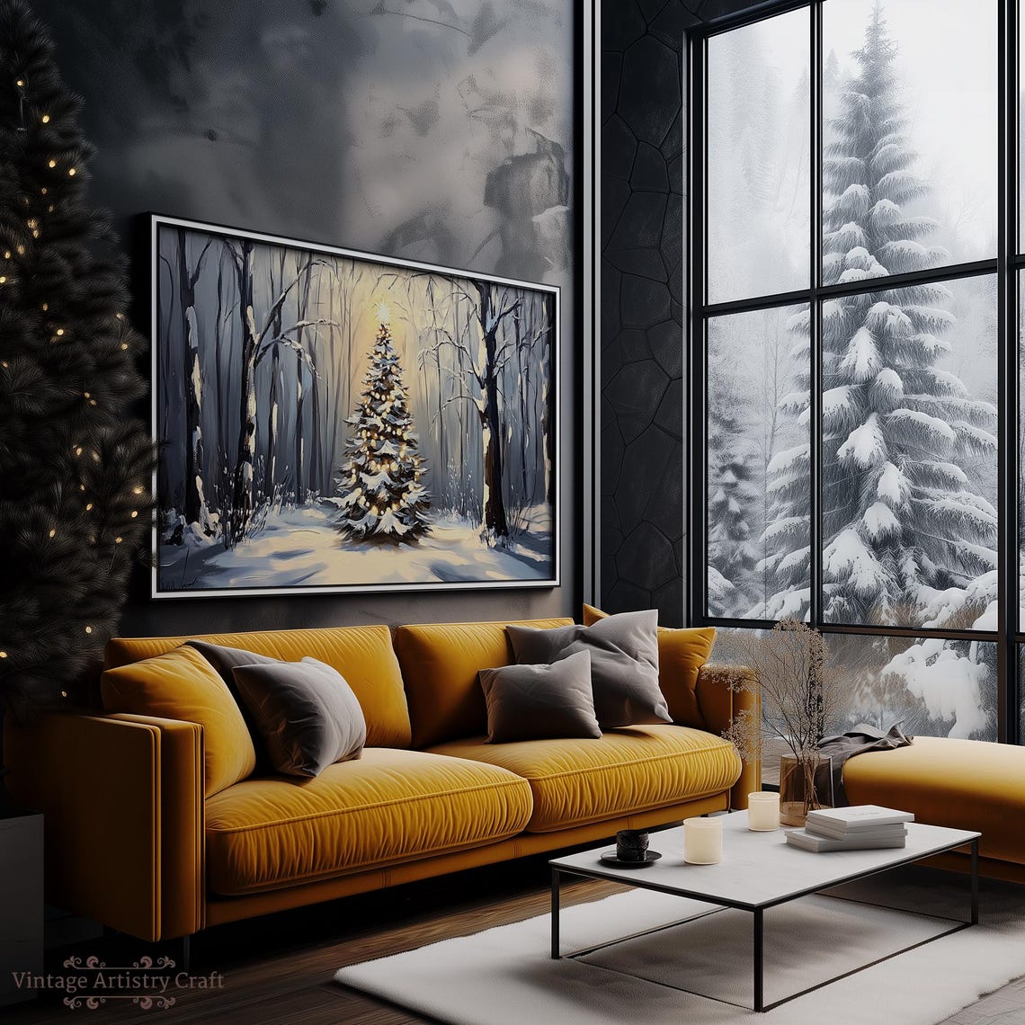 Lit Christmas Tree Snowy Forest Dusk Sparkling Holiday Painting Poster - Image 4
