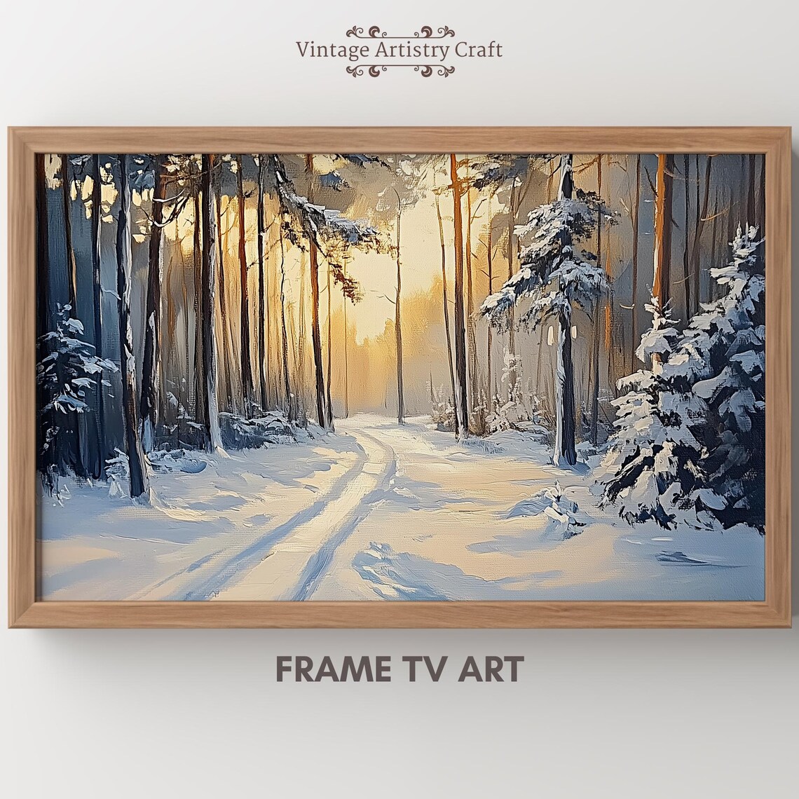 Sunlit Snowy Forest Path Golden Winter Trees Landscape Painting Poster