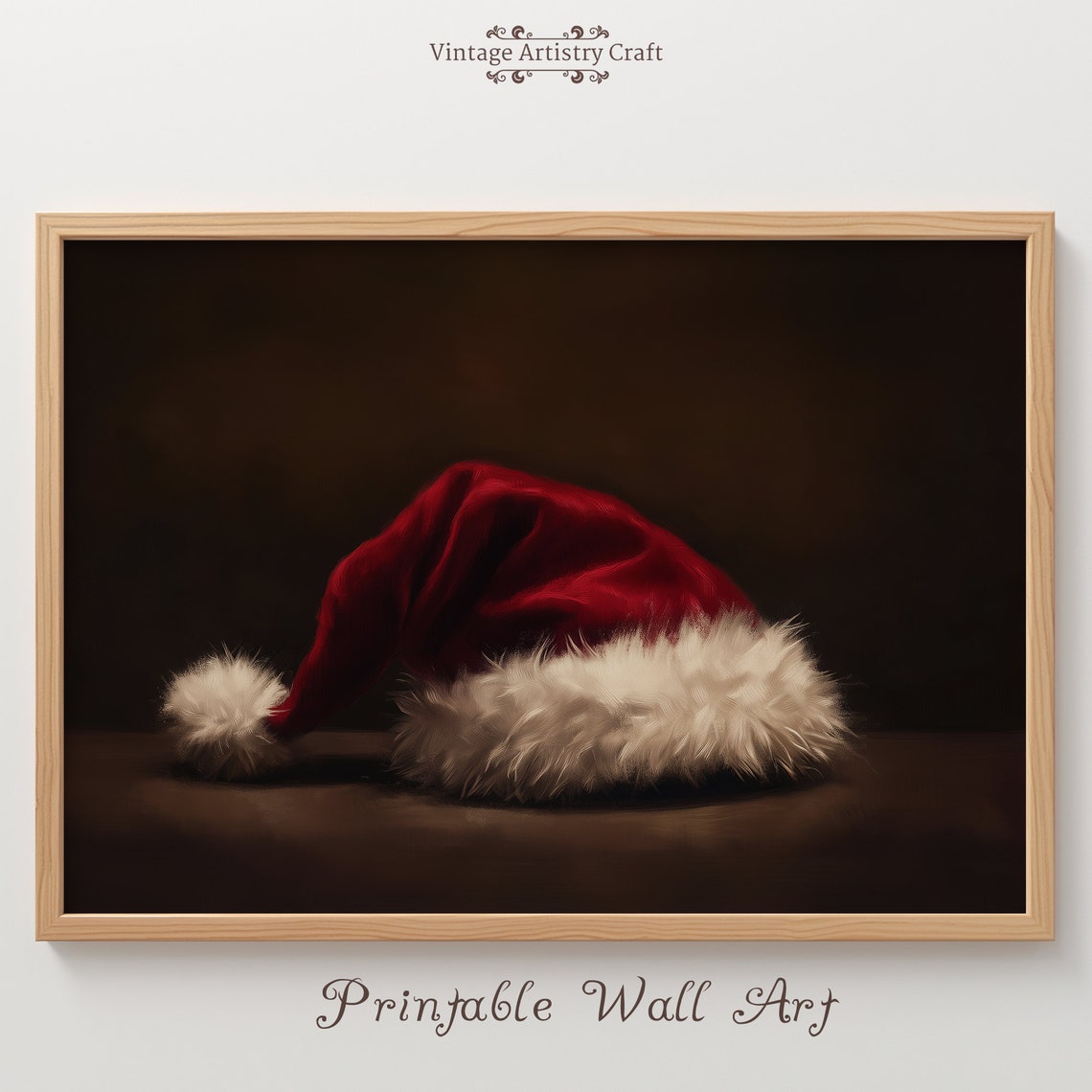 Red Santa Hat Moody Dark Background Vintage Christmas Art Poster
