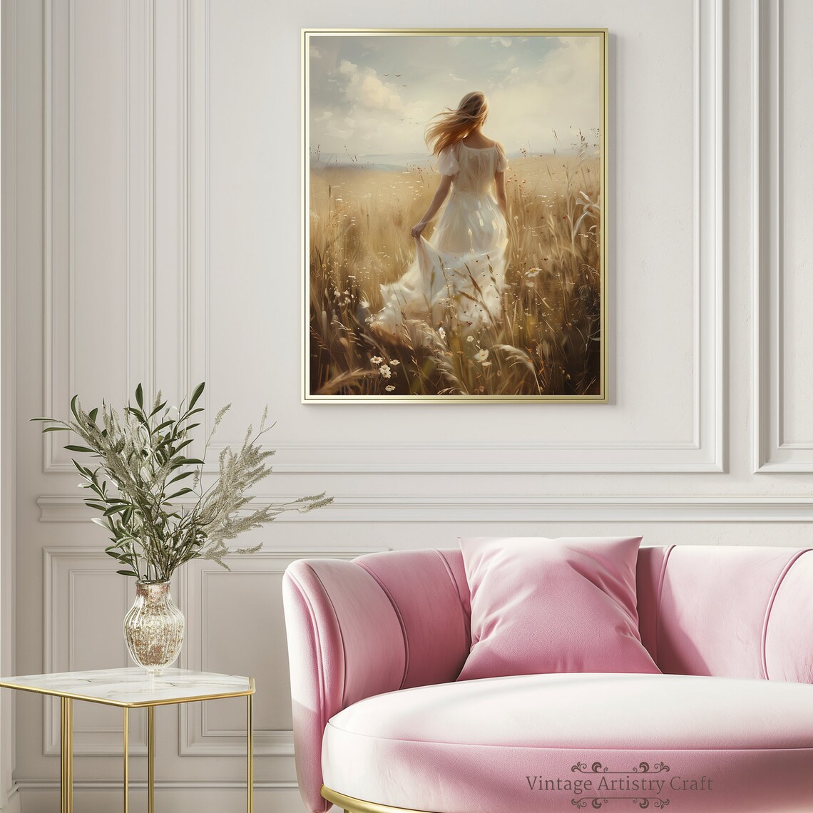 Woman in White Dress Walking Wildflower Field Dreamy Cottage Poster - Image 6