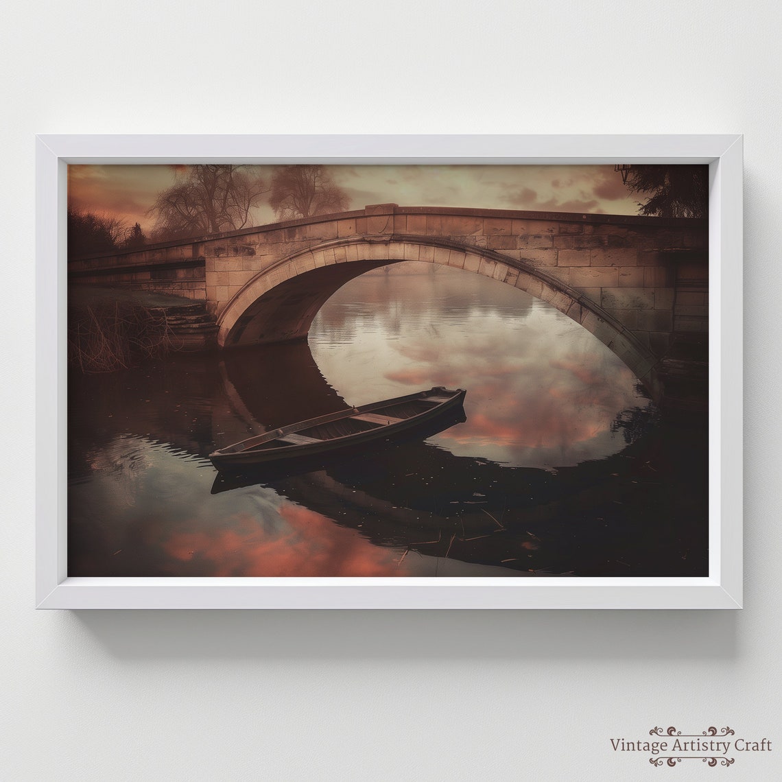 Old Stone Bridge and Rowboat Sunset Reflection Moody River Poster - Image 6