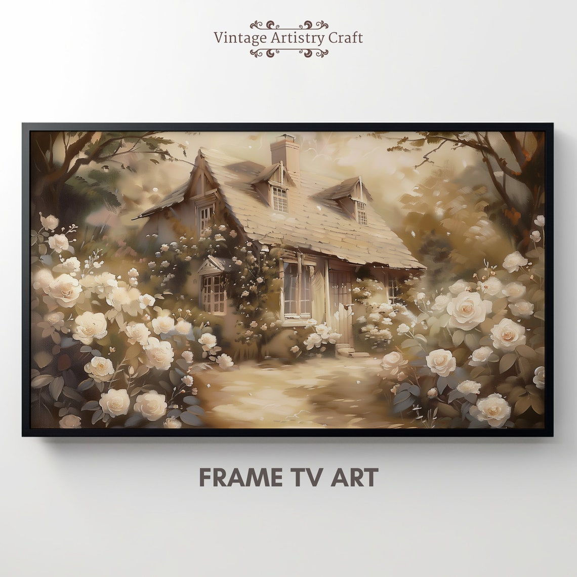 Vintage Cottage Painting Frame Tv Art English Country House Rose Garden Tv Frame Spring Home Decor Oil Painting - Image 3