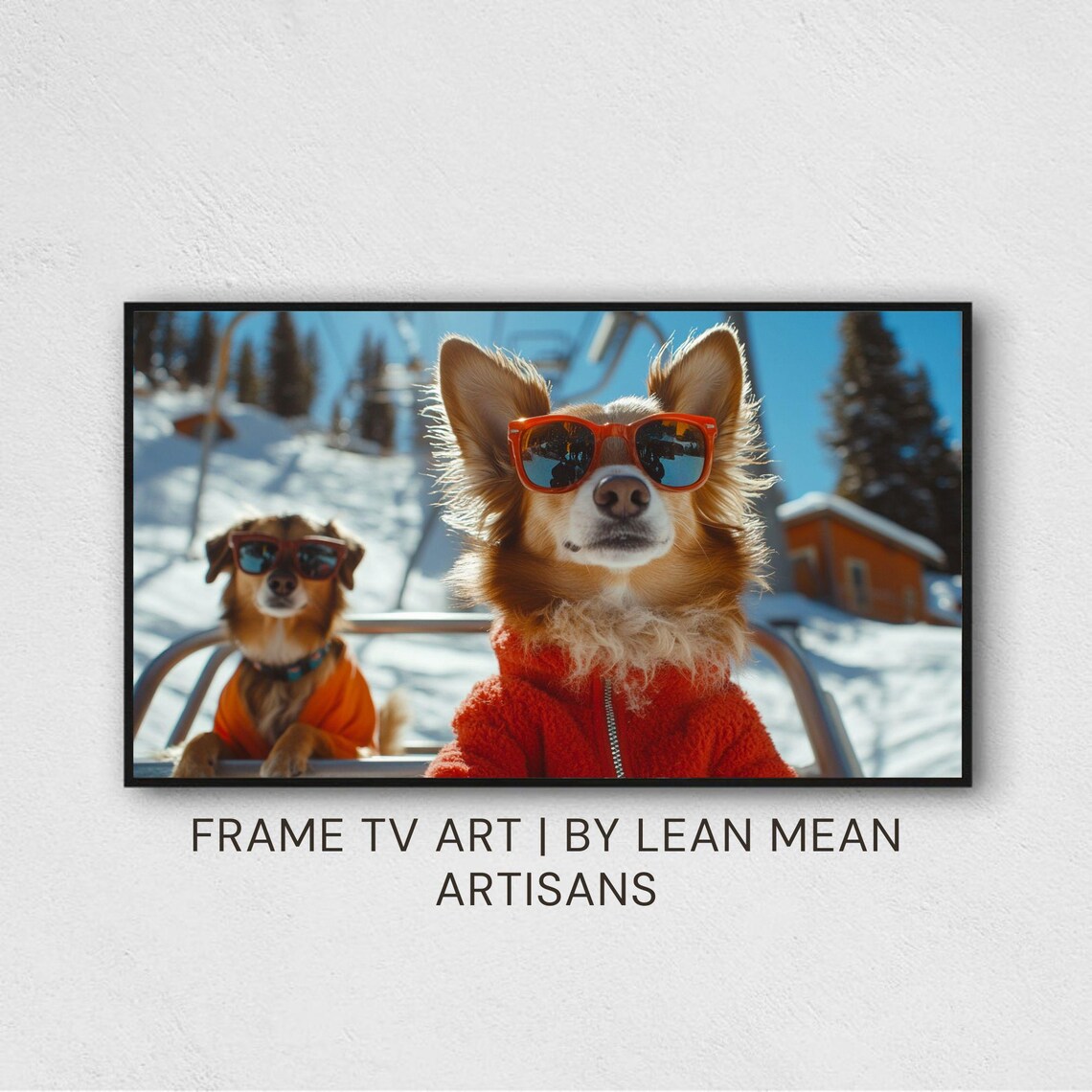 Two Stylish Dogs Sunglasses Red Fleece Riding Chairlift Snow Poster