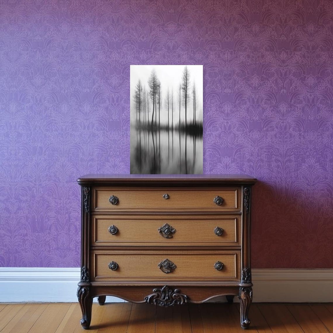 Serene Monochrome Tall Trees Misty Water Reflection Art Poster - Image 2