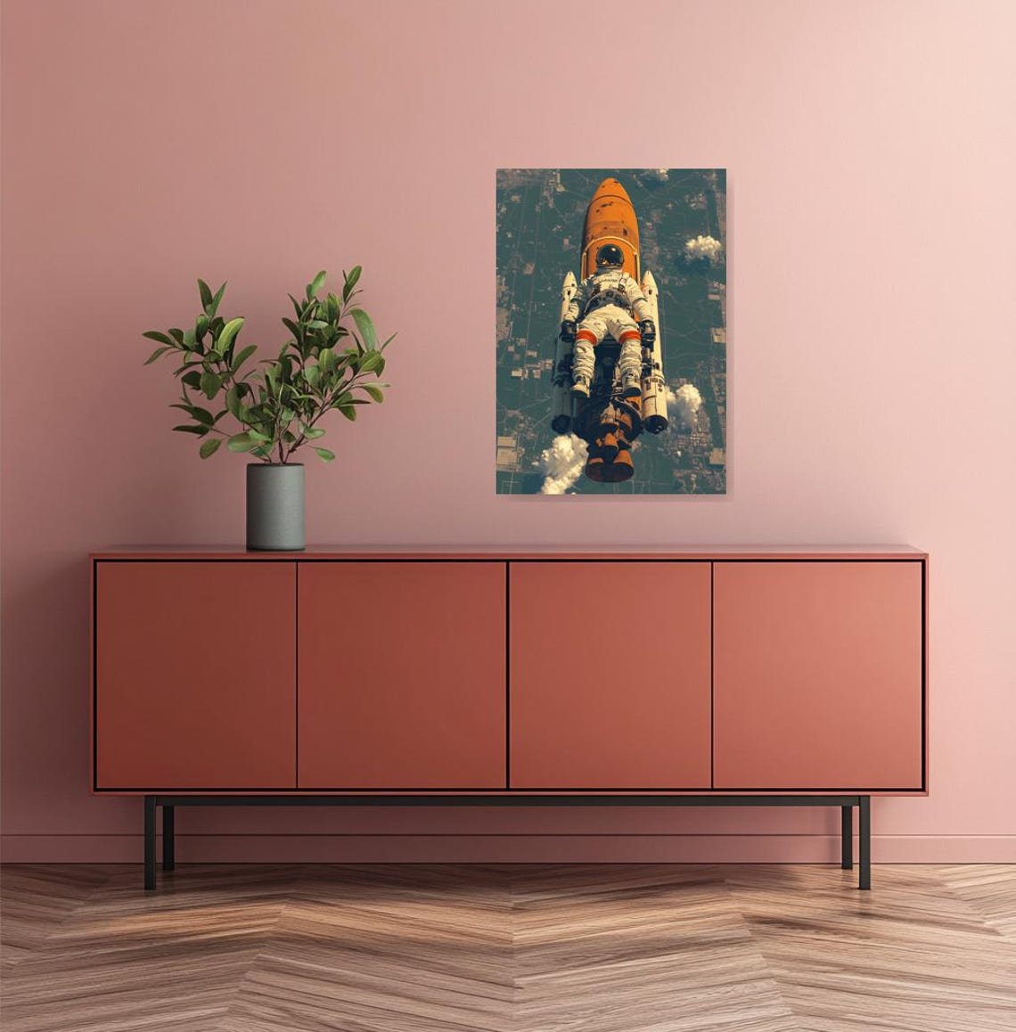 Retro Astronaut Riding a Space Shuttle High Above Earth Poster - Image 3