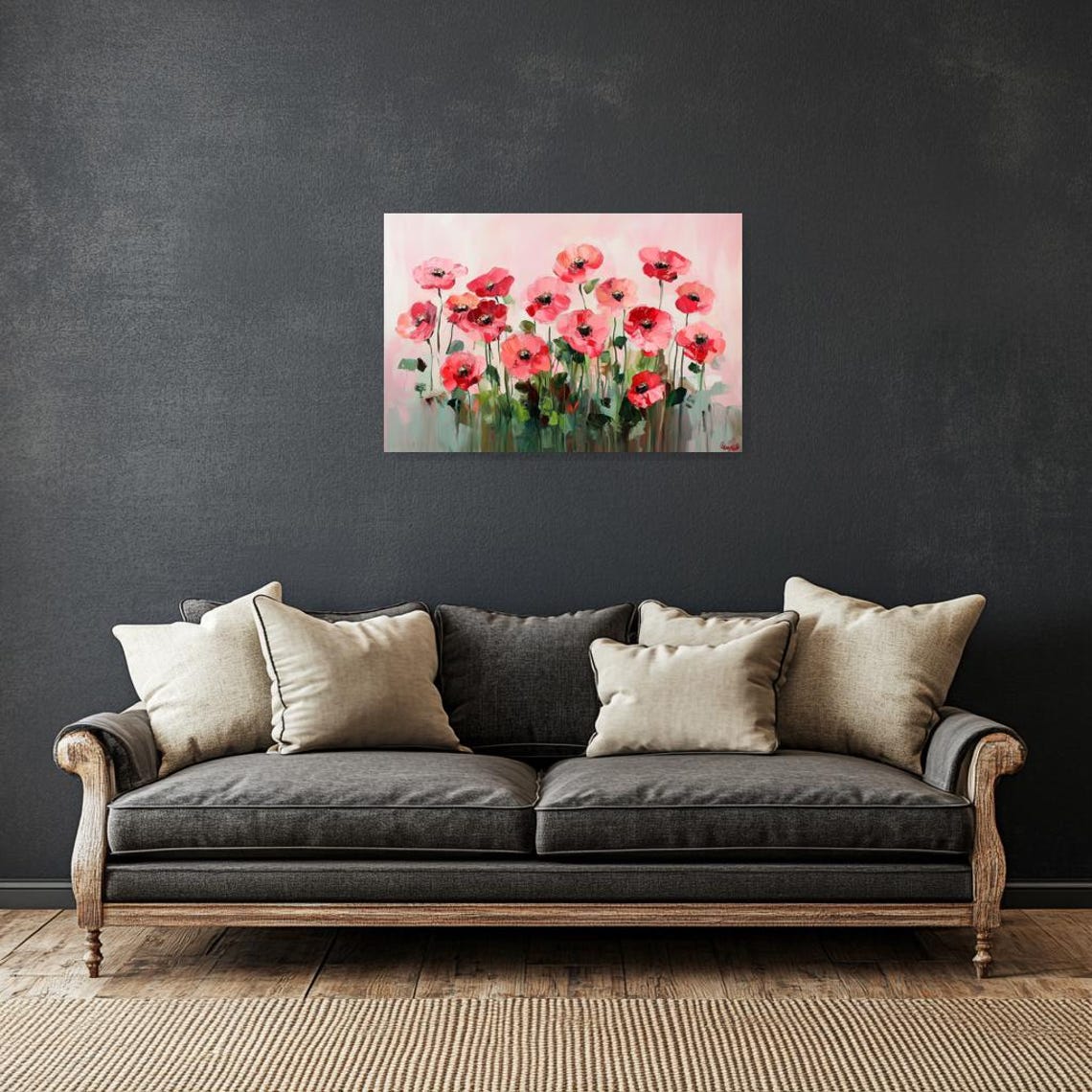Floral Print Inspired By Monets Impressionism Pink Red Poppies Modern Wall Art Home Decor Bold Colors - Image 3