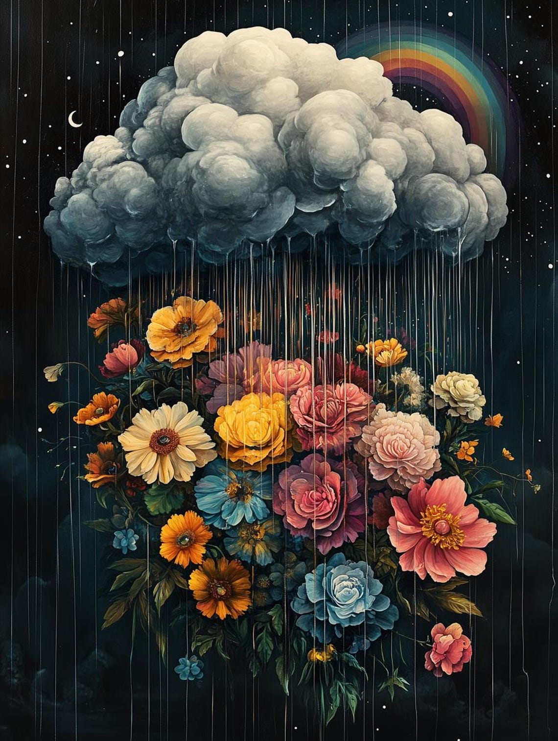 Floral Storm Cloud Night Sky Rainbow Bloom Dreamy Art Poster