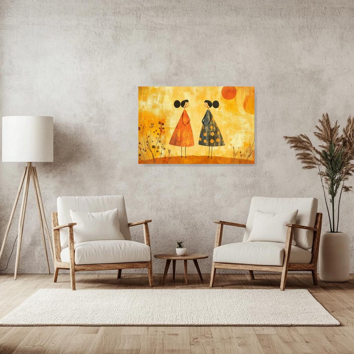 Whimsical Sisters in Polka Dot Dresses Folk Art Illustration Poster - Image 2