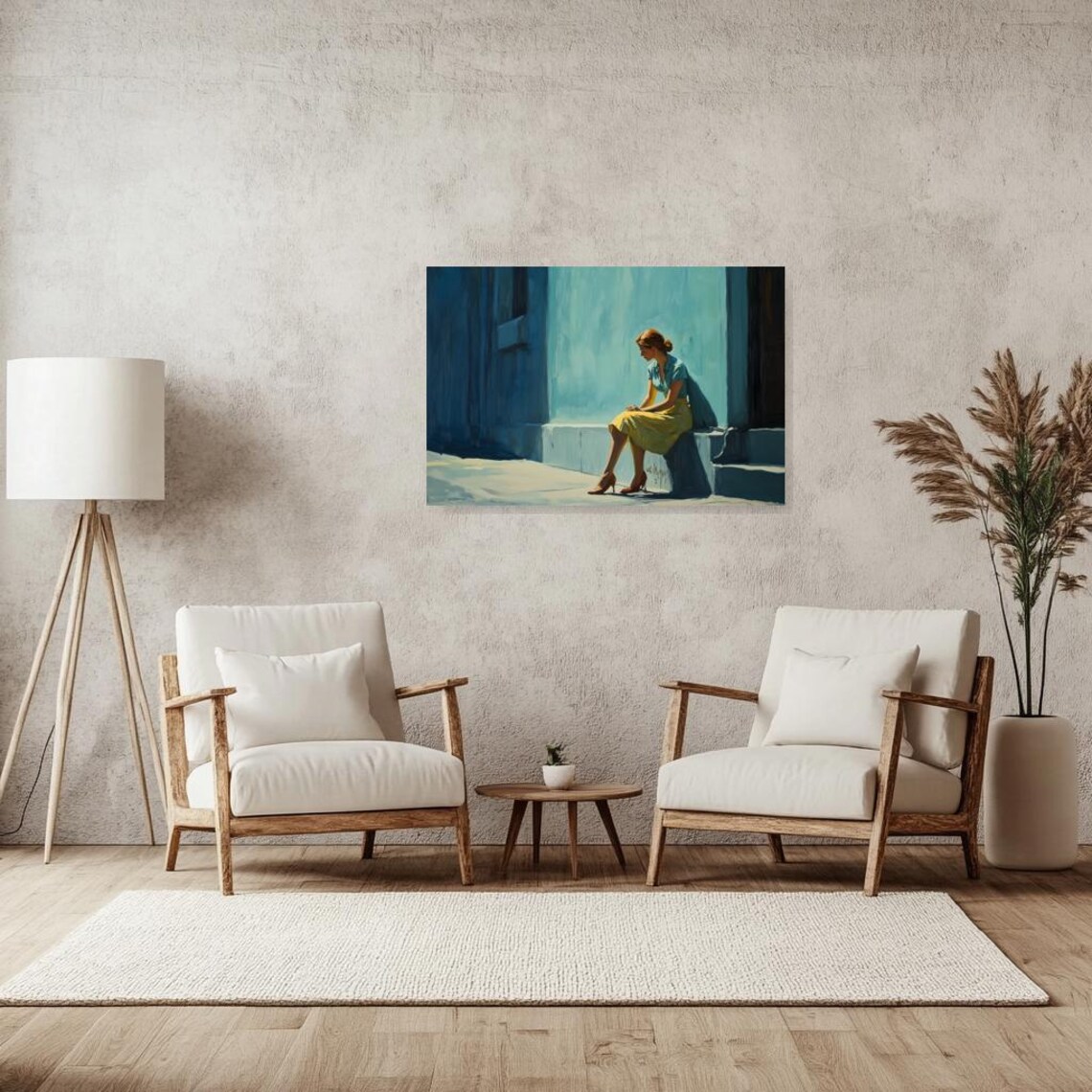 Hopper Style Pensive Woman in a Yellow Skirt in American Realism Style Poster - Image 3