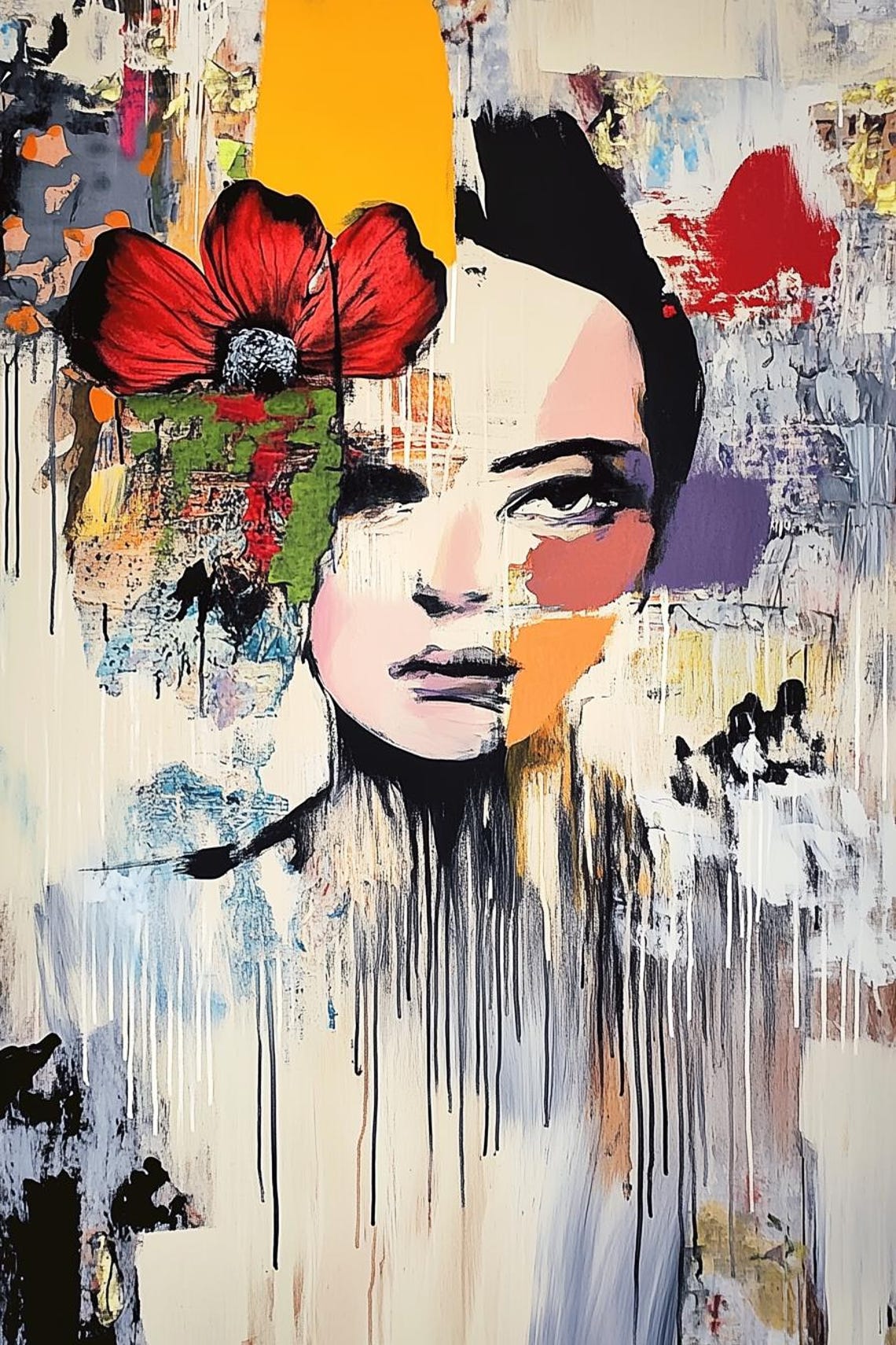 Abstract Woman Portrait Red Poppy Paint Drips Urban Style Art Poster