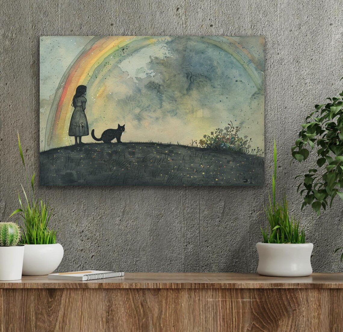 Girl And Black Cat Beneath Rainbow Moody Watercolor Silhouette Poster - Image 2