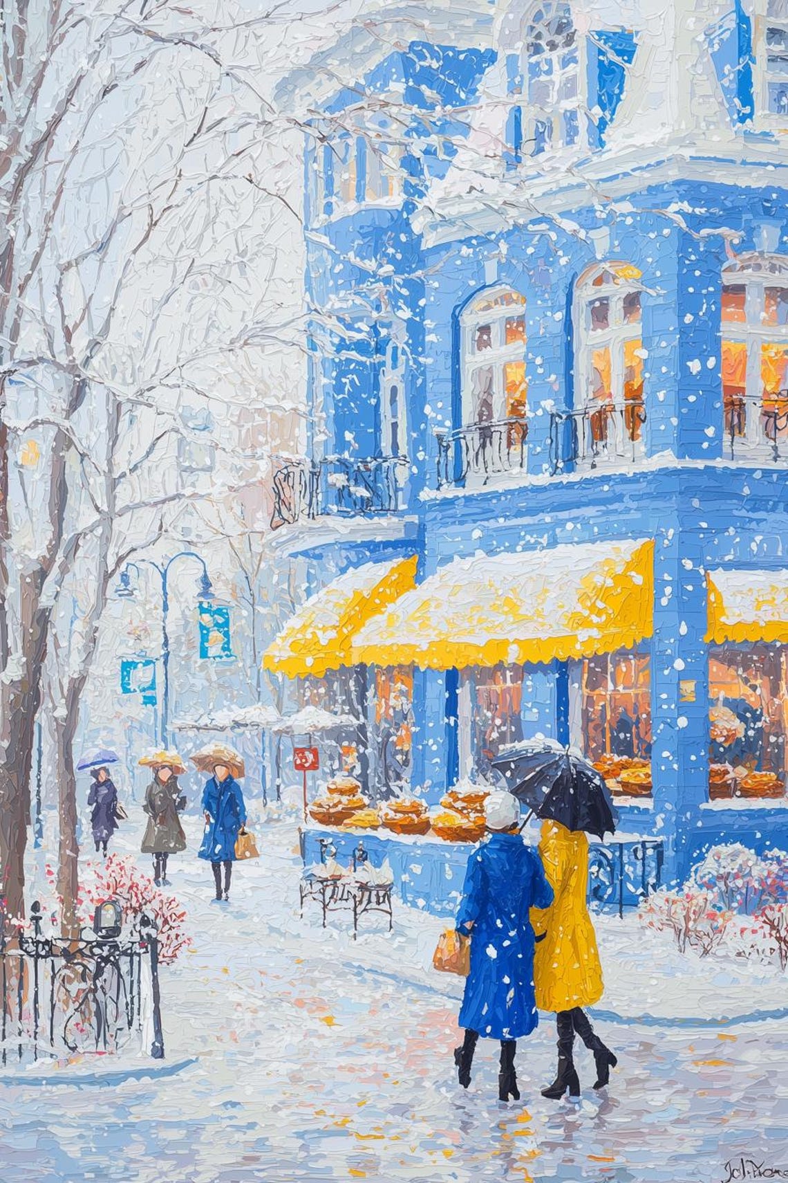 Snowy Blue And Yellow Cafe Street Winter City Impressionist Poster