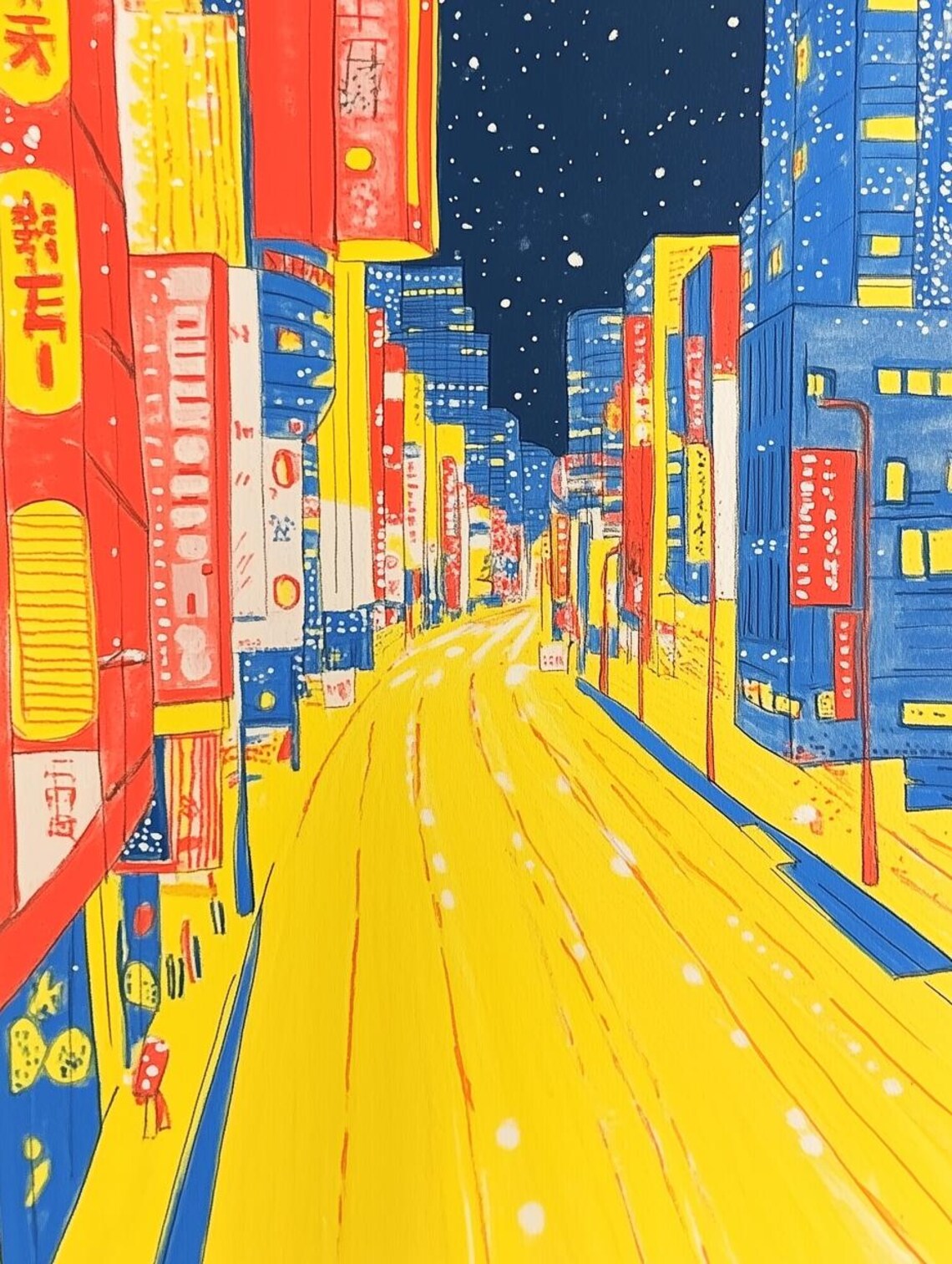 Vibrant Neon City Street At Night In Yellow Blue And Red Tones Poster
