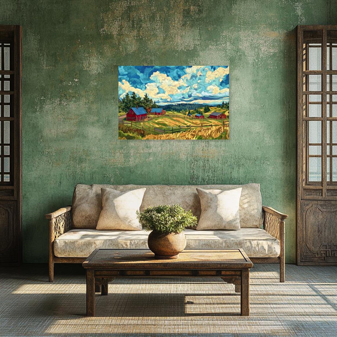 Van Gogh Style Red Barns Farm Under Dramatic Cloudy Sky Poster - Image 3