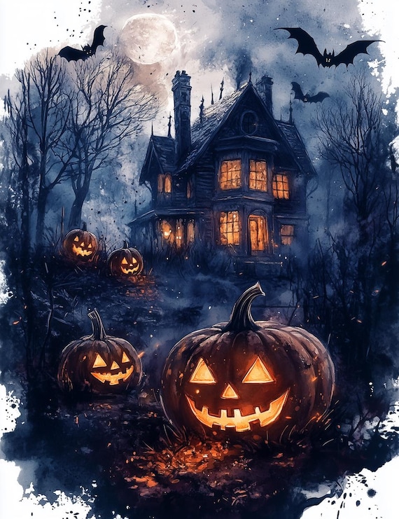 Spooky Halloween Haunted House With Glowing Pumpkins Night Poster