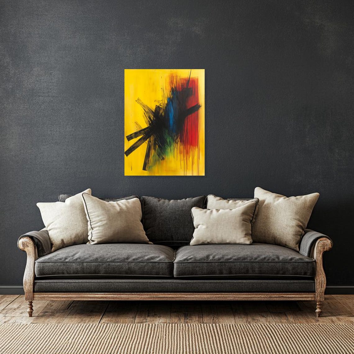 Bold Abstract Expressionist Brushstroke Painting on Yellow Poster - Image 3