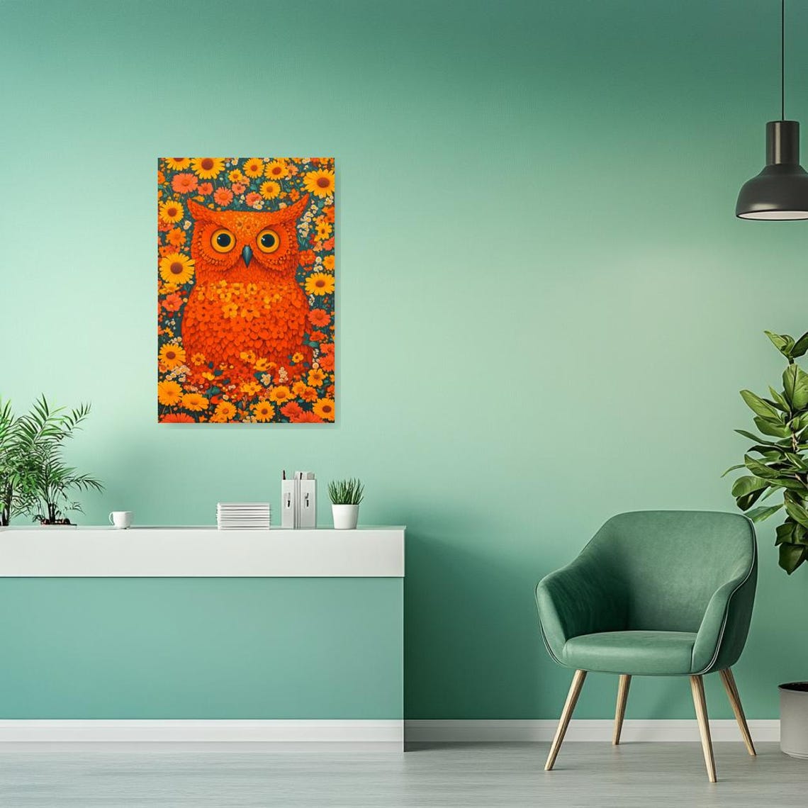 Whimsical Orange Owl in a Vibrant Daisy Flower Garden Poster - Image 3