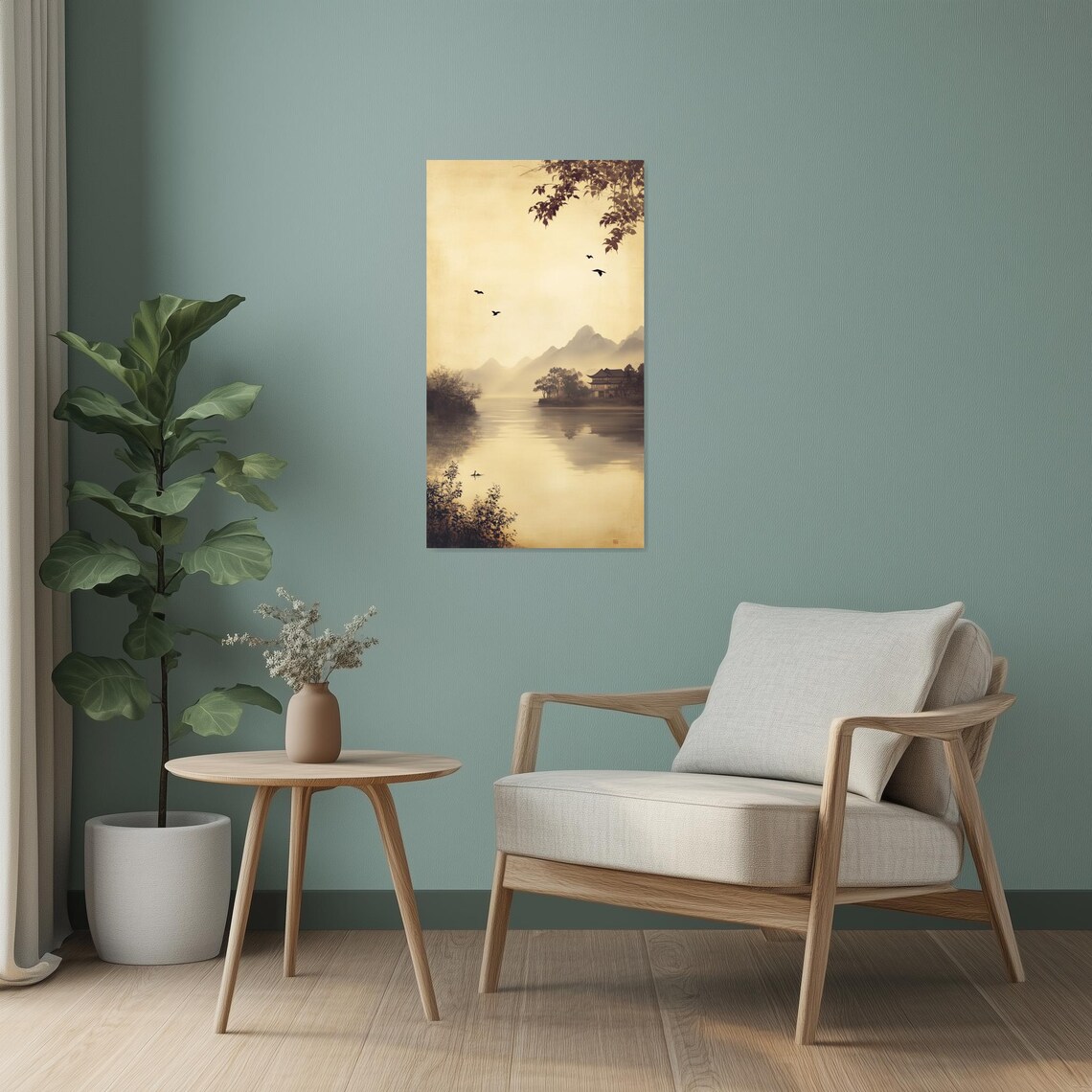 Misty East Asian Ink Wash Lake Pagoda Mountain Calm Zen Poster - Image 3