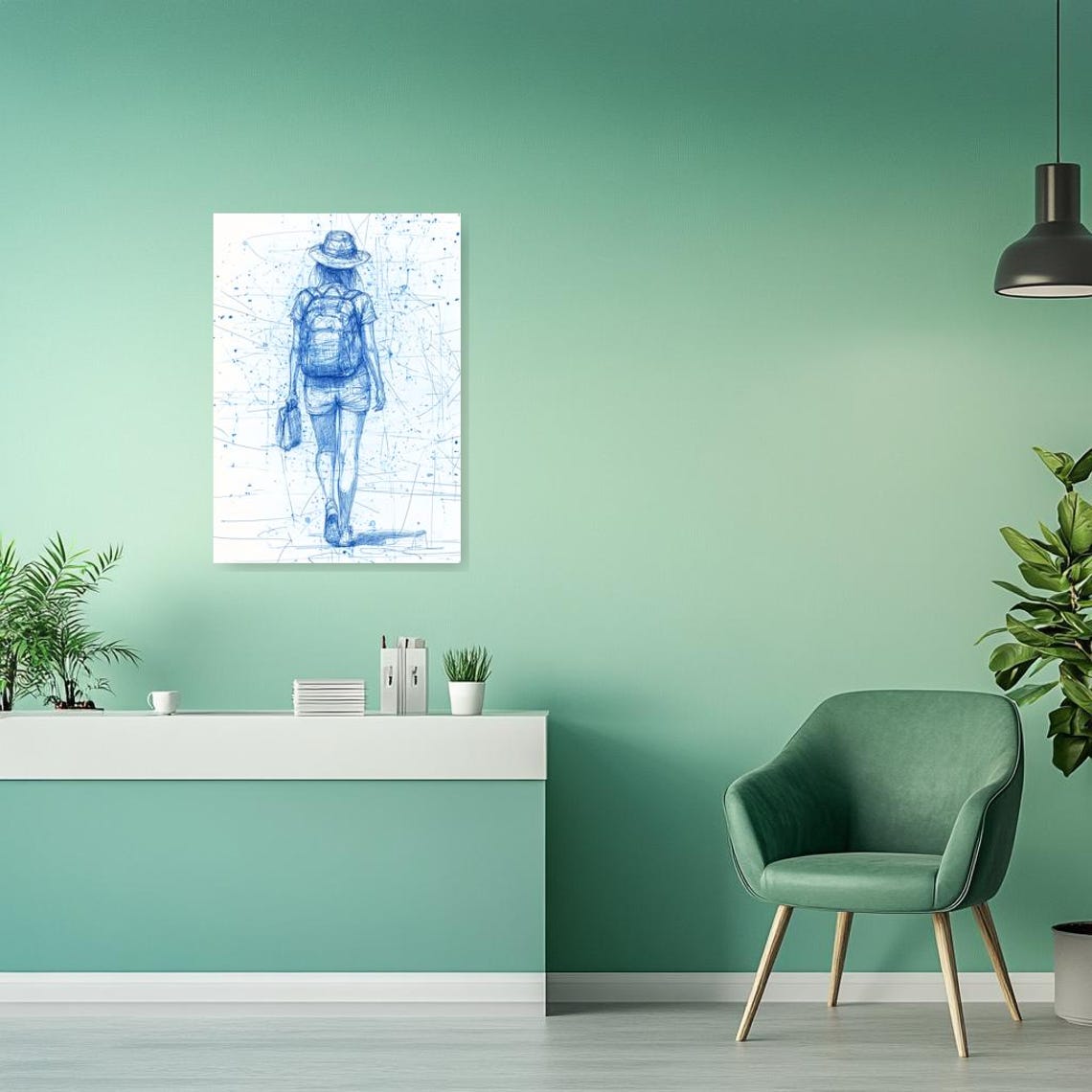 Blue Ink Sketch of a Woman Traveler with Backpack and Hat Poster - Image 3