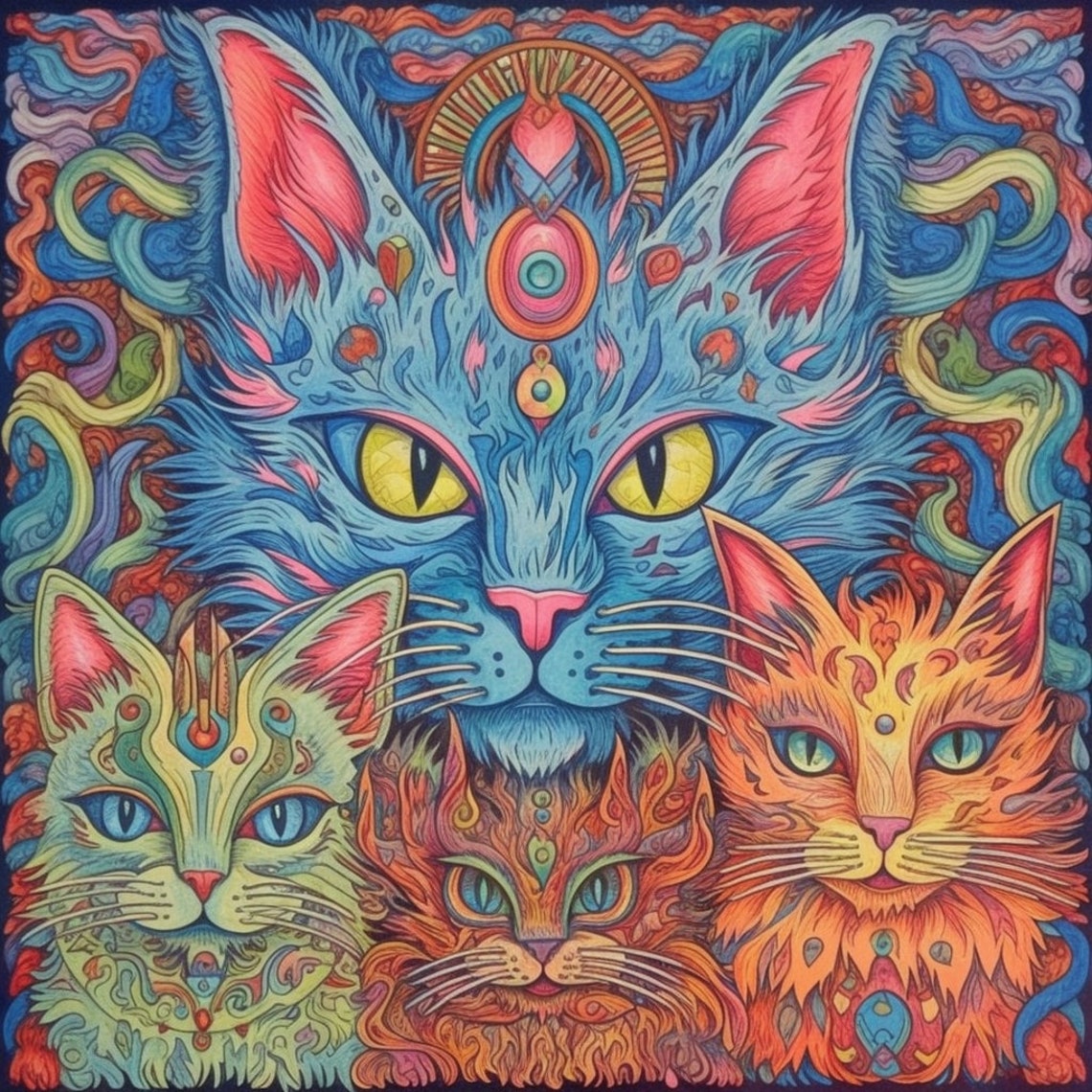 Symmetrical Psychedelic Cats Kaleidoscope Colorful Folk Art Poster