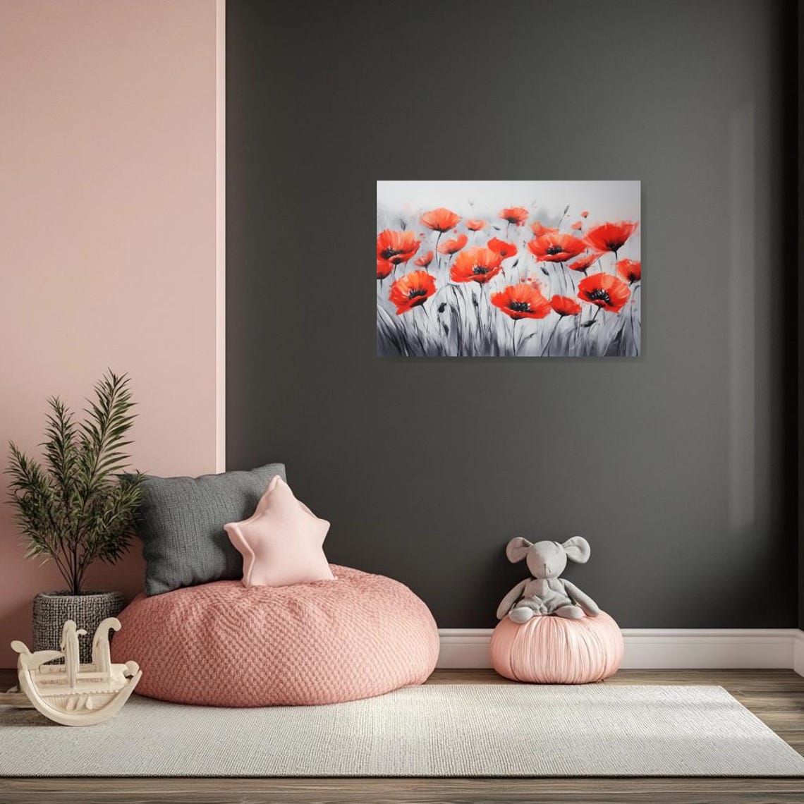 Vivid Red Poppies Monochrome Gray Field Modern Floral Poster - Image 3