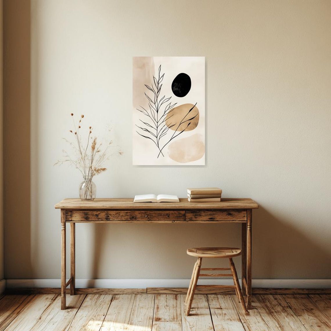 Minimalist Line Art Leafy Branch with Beige Organic Shapes Poster - Image 3