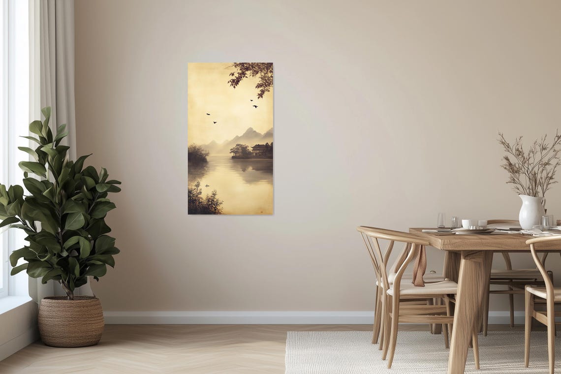 Misty East Asian Ink Wash Lake Pagoda Mountain Calm Zen Poster - Image 2
