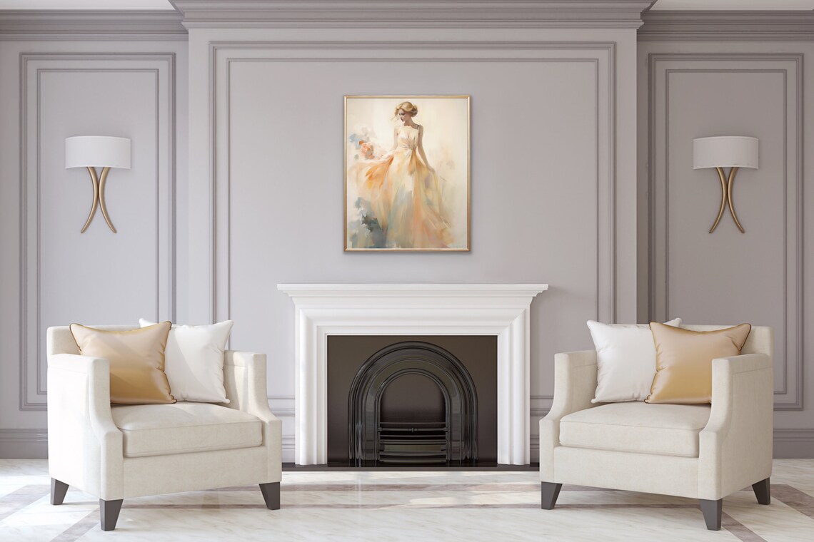 Graceful Woman in Flowing Peach Gown Elegant Watercolor Poster - Image 2